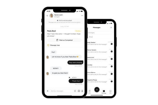 Friends sharing a meal and using the app.